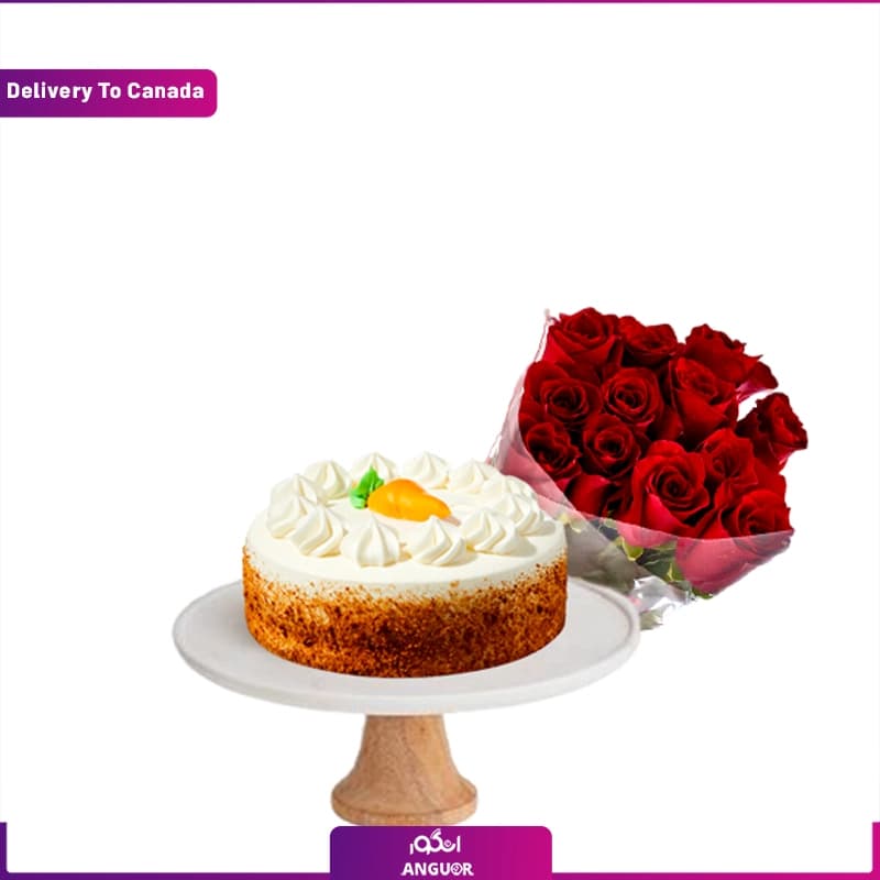 گل رز قرمز با کیک (ارسال گل و کیک به کانادا)