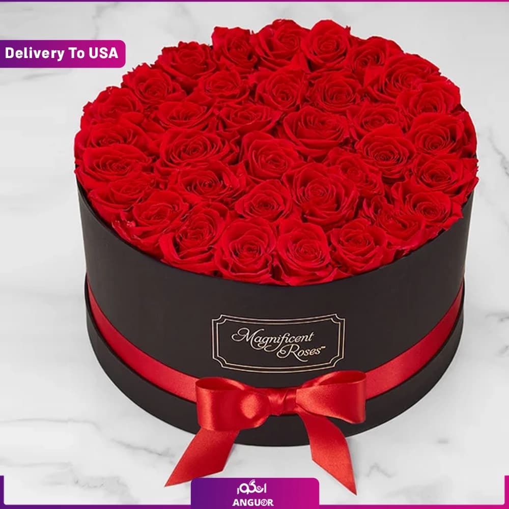 باکس گل رز قرمز 34 شاخه (تحویل در امریکا)