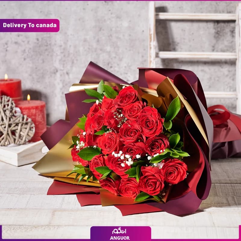 دسته گل رز قرمز 12 شاخه سبک ایرانی (ارسال گل به کانادا)