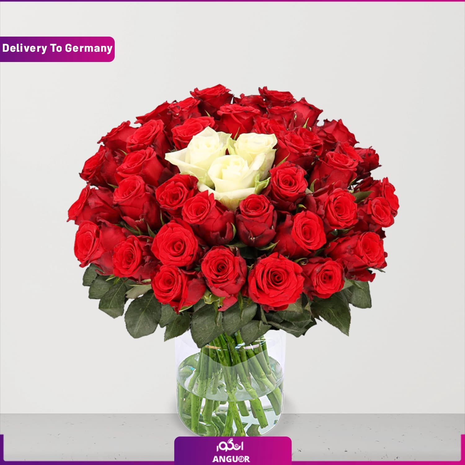 دسته گل 49 شاخه رز قرمز و سفید (ارسال گل به آلمان)