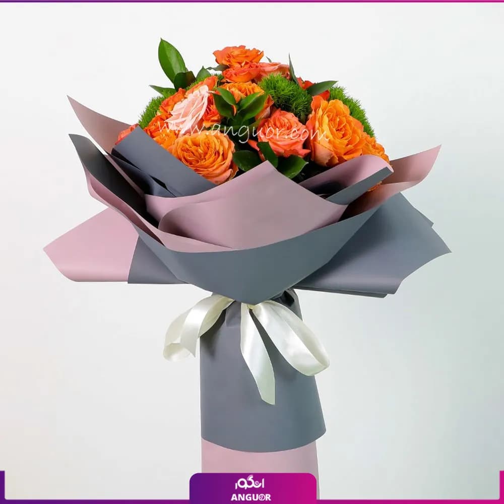 دسته گل رز نارنجی و گل داوودی