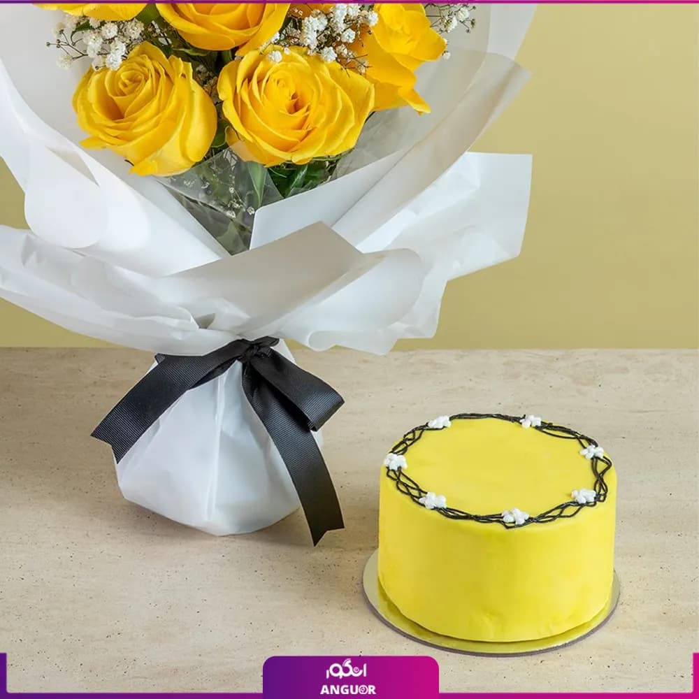 دسته گل رز زرد به همراه کیک — تصویر ۲