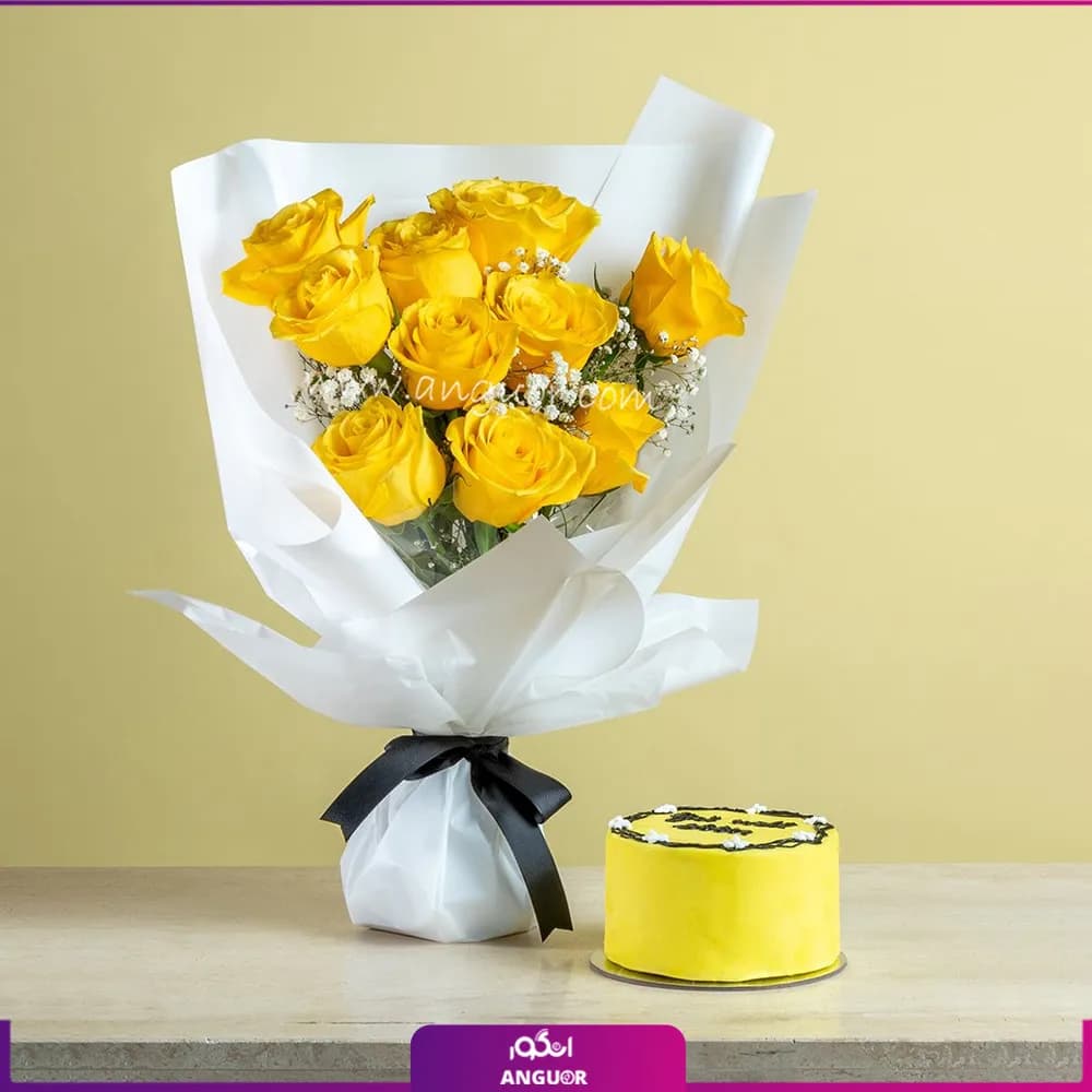 دسته گل رز زرد به همراه کیک