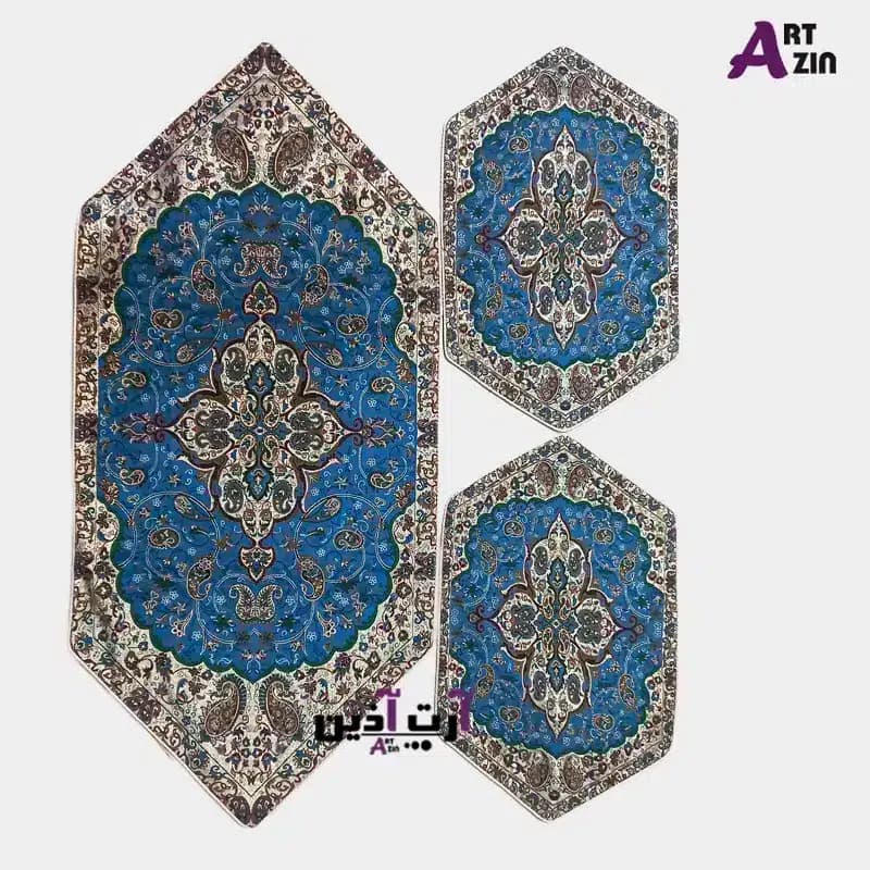 ترمه رومیزی سه تکه یزد رنگ آبی درباری طرح شاه عباسی کد: 1654
