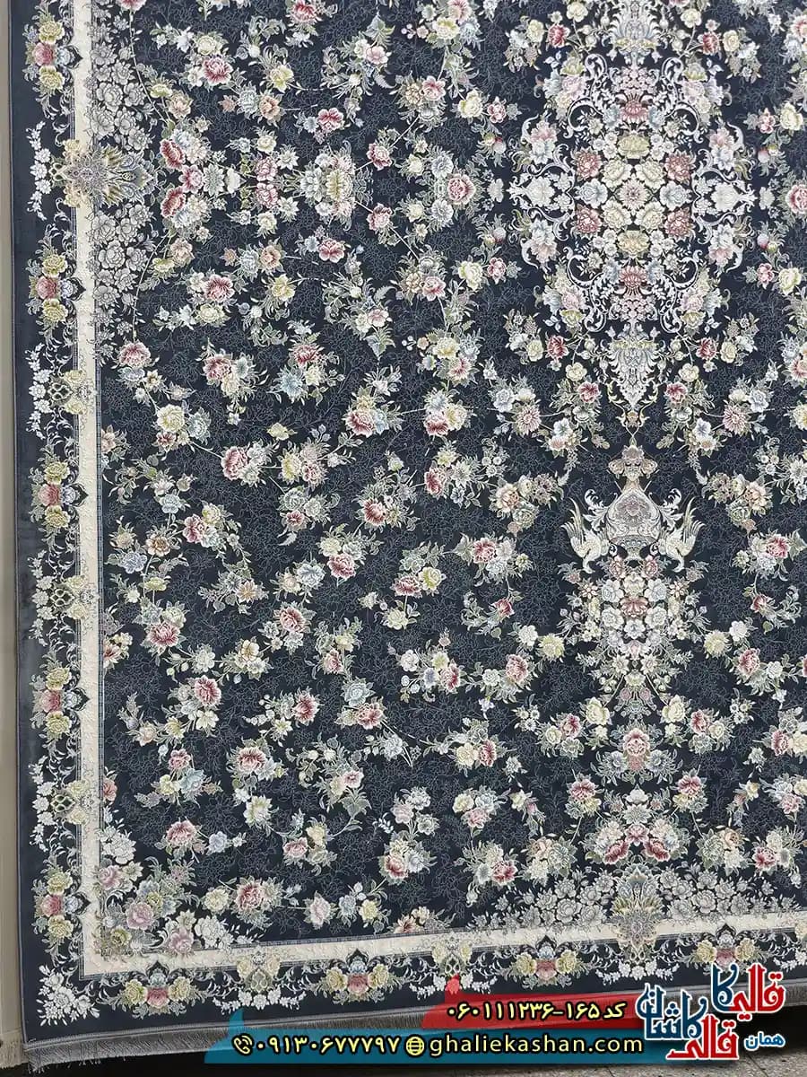 فرش 1200 شانه طرح افشان گلبهار رنگ طوسی دودی گل برجسته کاشان — تصویر ۳
