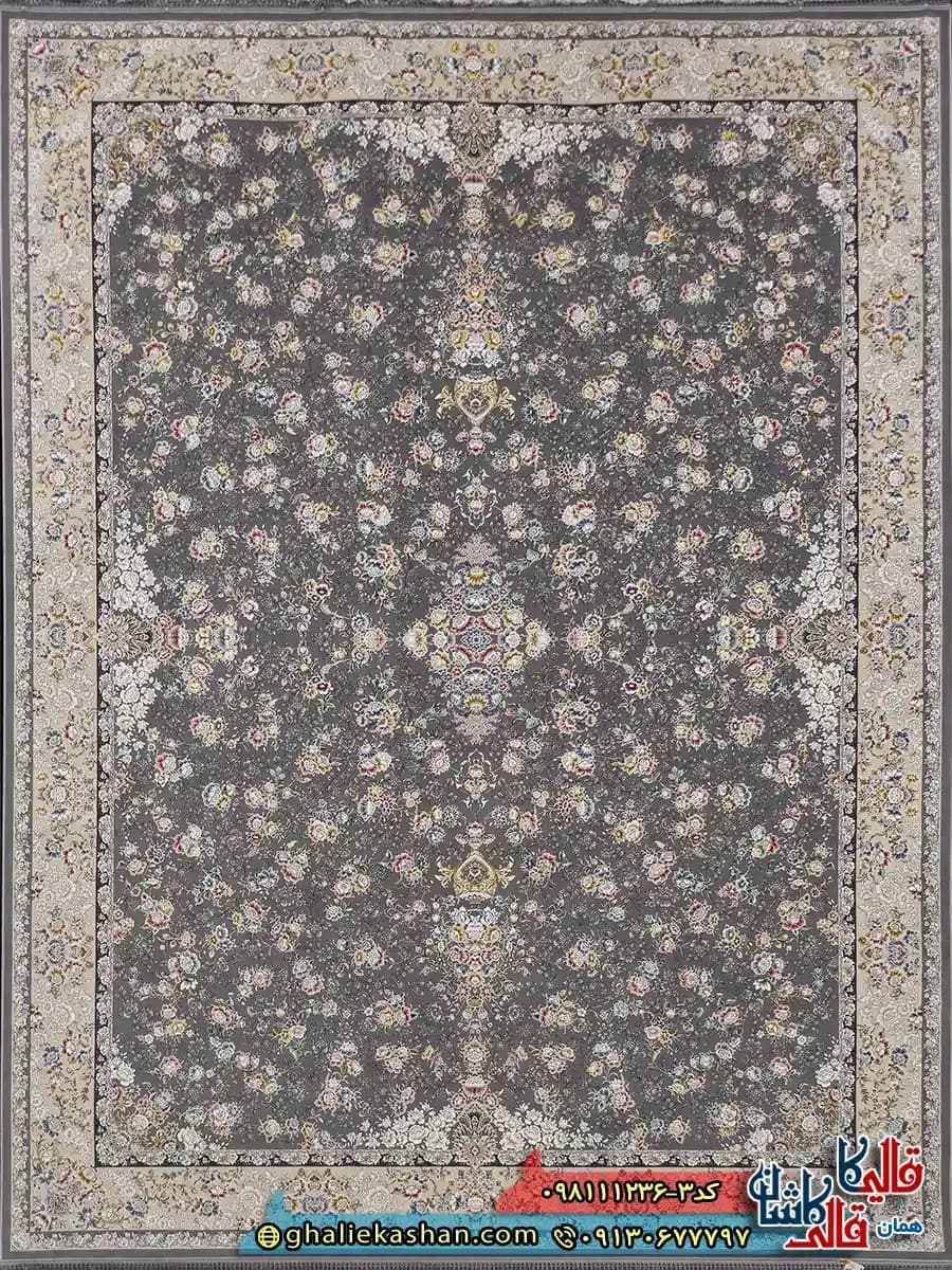 فرش 1200 شانه طرح افشان سیمین رنگ طوسی نقره ای کاشان — تصویر ۲