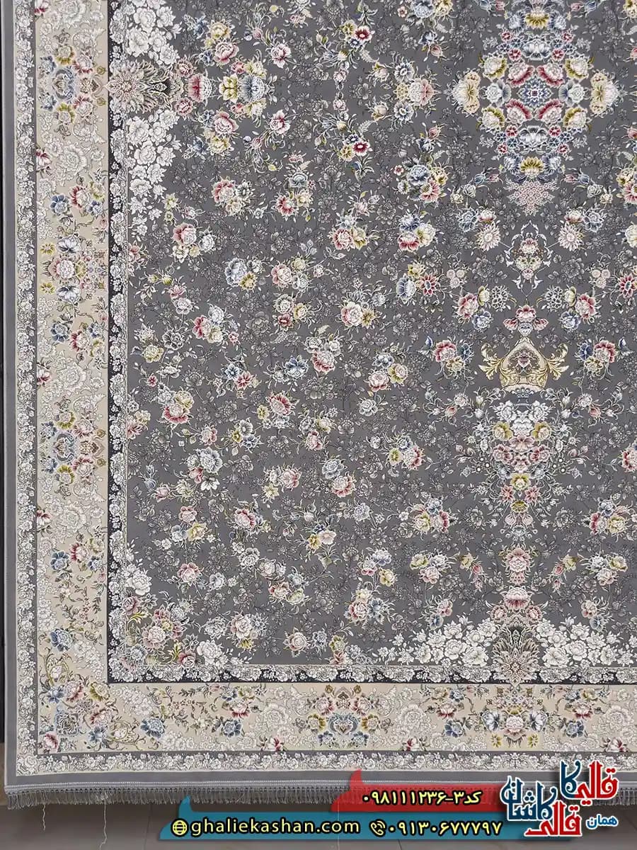 فرش 1200 شانه طرح افشان سیمین رنگ طوسی نقره ای کاشان — تصویر ۳