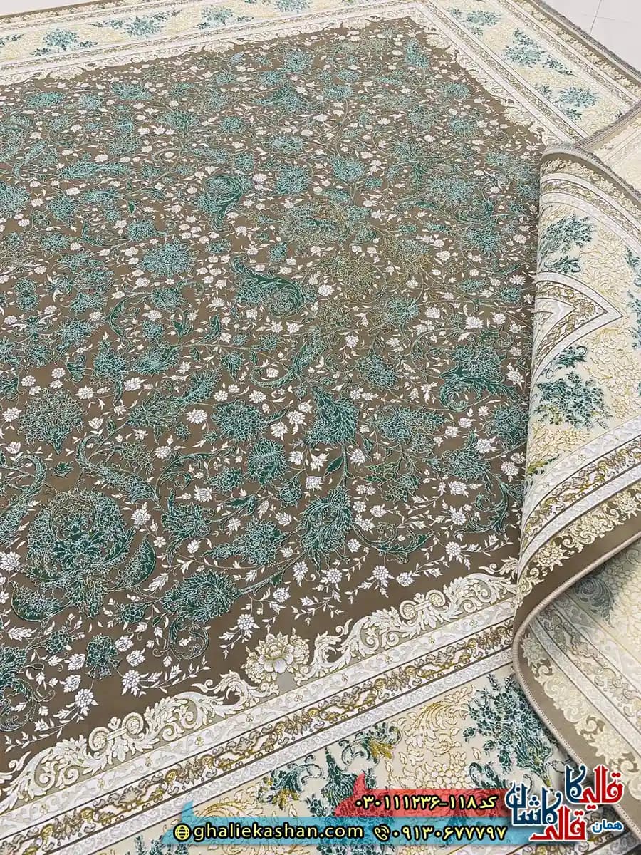 فرش 1200 شانه طرح افشان رویا رنگ قهوه ای نسکافه ای گل برجسته کاشان — تصویر ۳