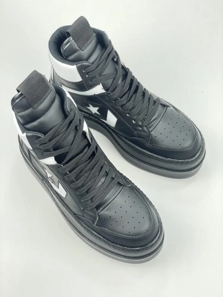 کد 3308 بوت ریک اونز RICK OWENS و کانورس CONVERSE چرم مشکی سفید زیره مشکی — تصویر ۳