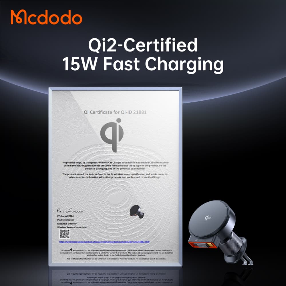 هولدر وایرلس شارژر 15وات+شارژر فندکی مک دودو مدل MCDODO CH-009 با کابل جمع شونده — تصویر ۴