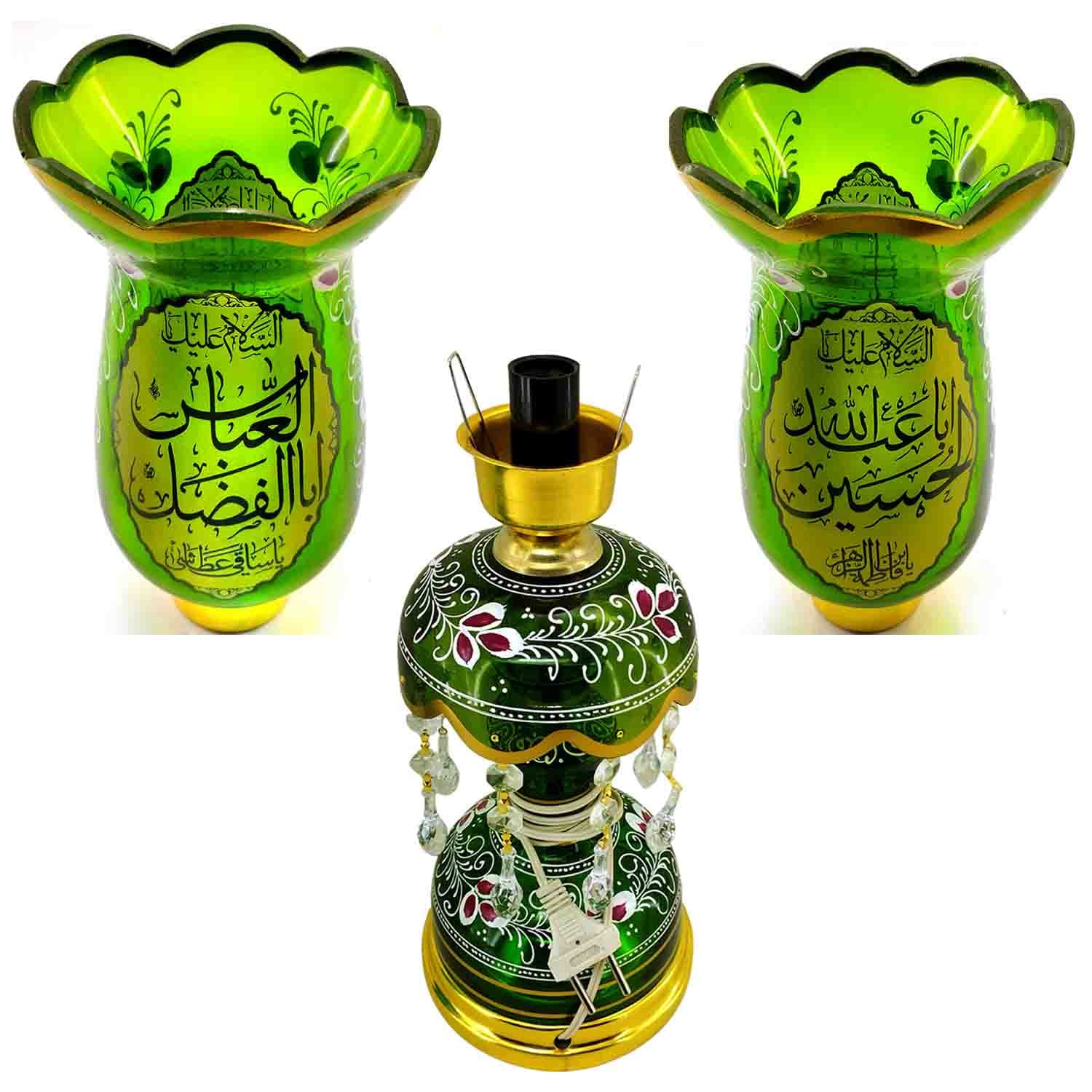 لاله شمعدانی کوچک ارتفاع 46 قطر دهانه 11-سبز یا اباالفضل العباس ع و یا حسین بن علی ع-کنار منبری هیئت کد 103481 — تصویر ۲