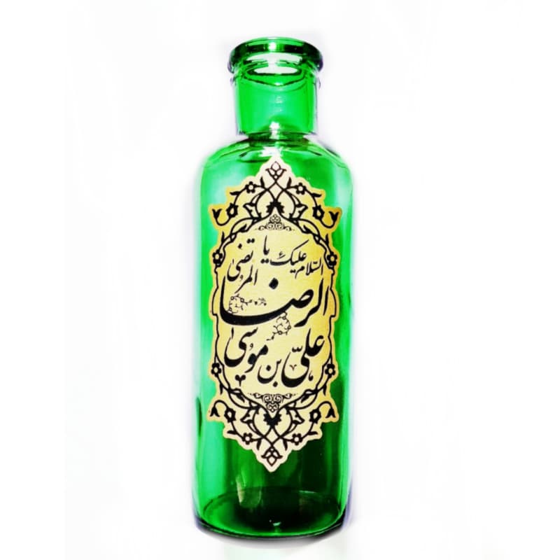 گلدان شیشه ای استوانه ای مذهبی سبز یا علی بن موسی الرضا ع قطر6 ارتفاع18 سانت کد 103463