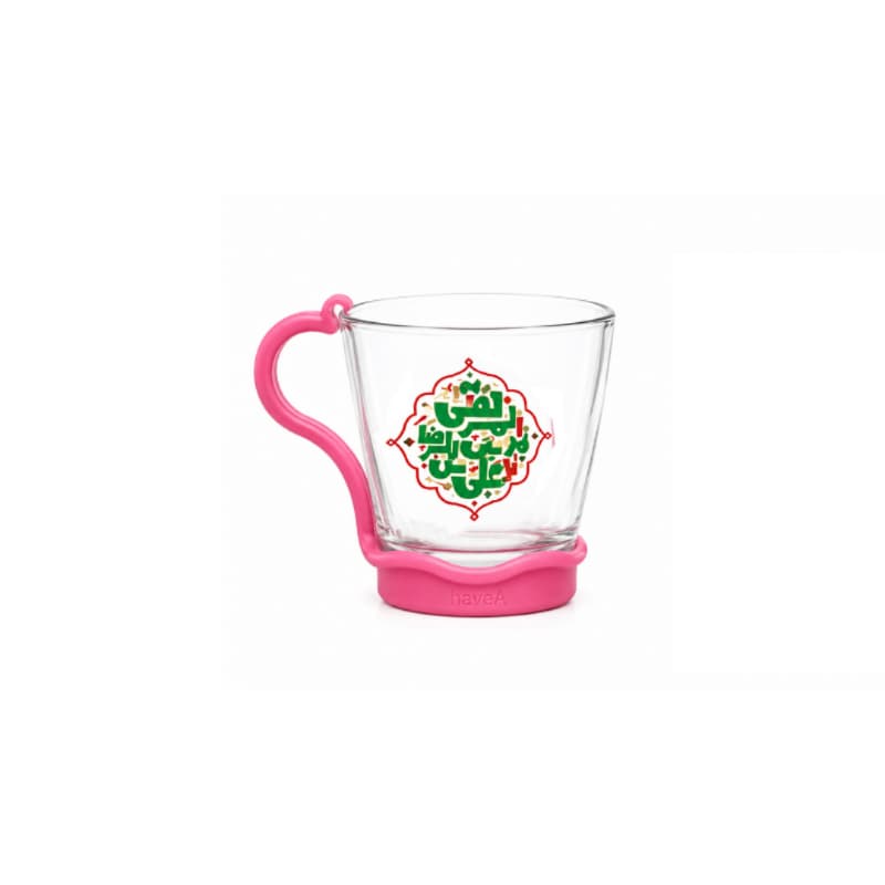 لیوان شیشه ای شفاف کودکانه طرح های امام رضایی-قطر دهانه 7 ارتفاع 7.5-دسته پلاستیکی رنگی جدا کد 103443 — تصویر ۶