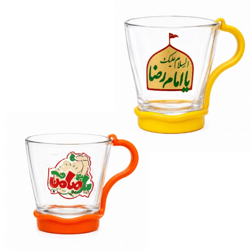 لیوان شیشه ای شفاف کودکانه طرح های امام رضایی-قطر دهانه 7 ارتفاع 7.5-دسته پلاستیکی رنگی جدا کد 103443 — تصویر ۴