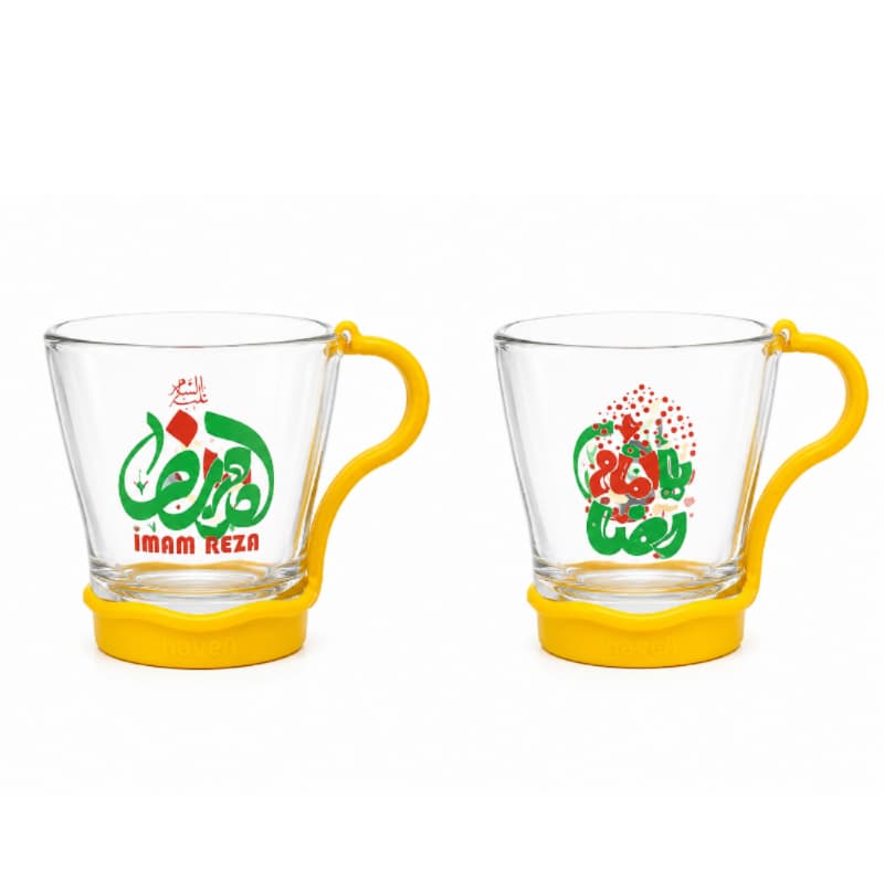 لیوان شیشه ای شفاف کودکانه طرح های امام رضایی-قطر دهانه 7 ارتفاع 7.5-دسته پلاستیکی رنگی جدا کد 103443 — تصویر ۳