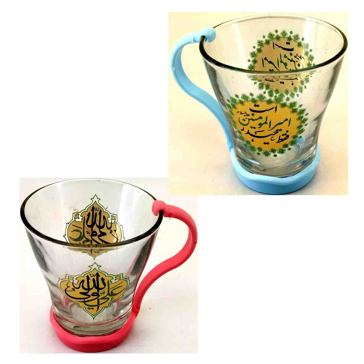 لیوان شیشه ای شفاف نوجوان طرح های غدیر امیرالمونین ع-قطر دهانه 8 ارتفاع 9.5 دسته پلاستیکی رنگی جدا کد 103441