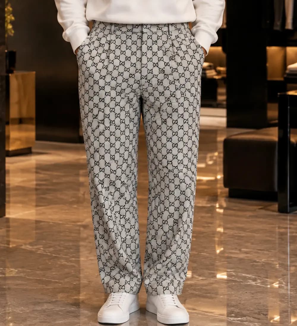 شلوار مردانه پارچه چاپی زمستانی رنگ طوسی کمرنگ گوچی gucci