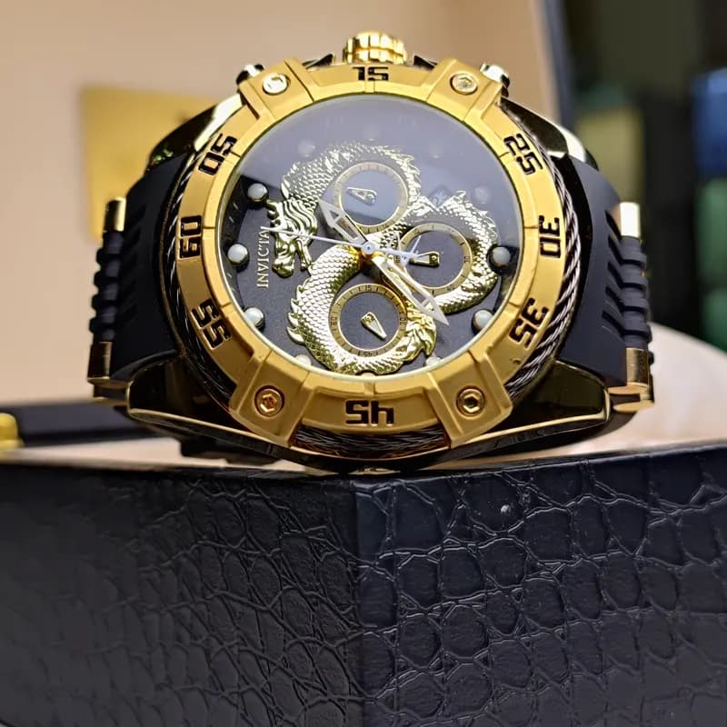 ساعت مچی مردانه اینویکتا طلایی بند رابر (سه موتوره) — تصویر ۸