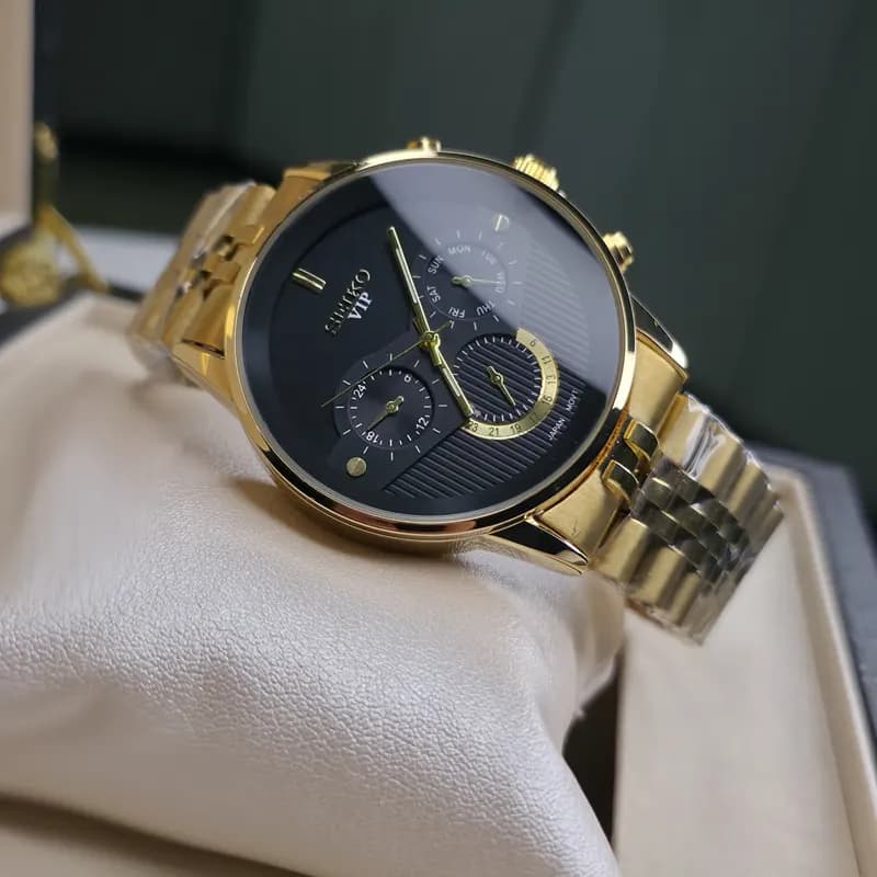 ساعت مچی مردانه سیکو VIP طلایی مشکی موتور ژاپن (سه موتوره) — تصویر ۸