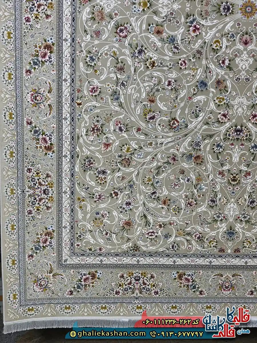فرش 1200 شانه طرح افشان یونا رنگ بژ گل برجسته کاشان — تصویر ۳