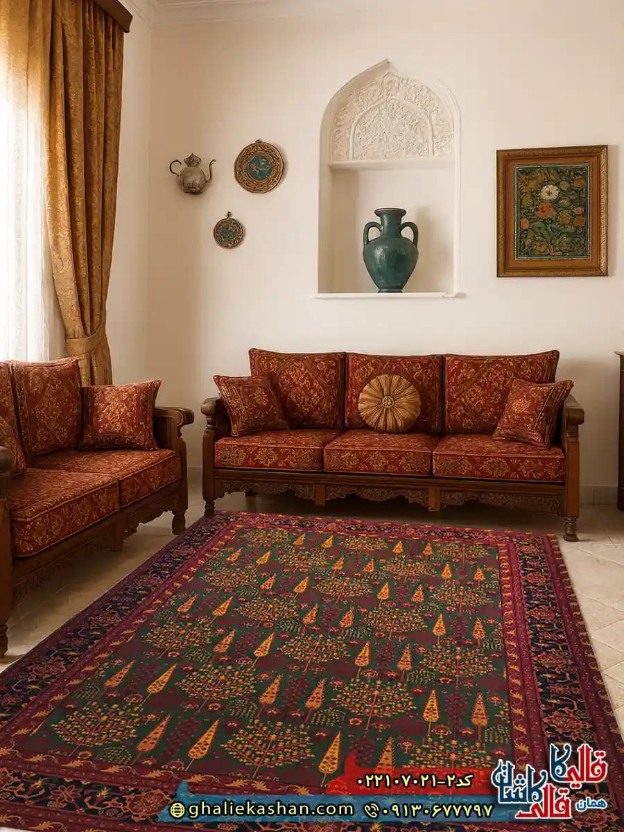 فرش سنتی 700 شانه طرح مهتا رنگ سبز کاشان