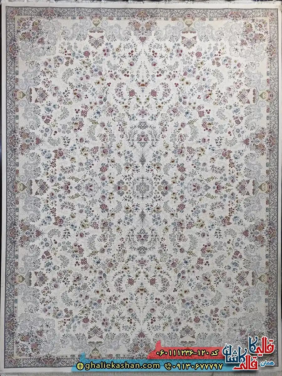 فرش 1200 شانه طرح افشان شیدا رنگ سفید گل برجسته کاشان — تصویر ۲