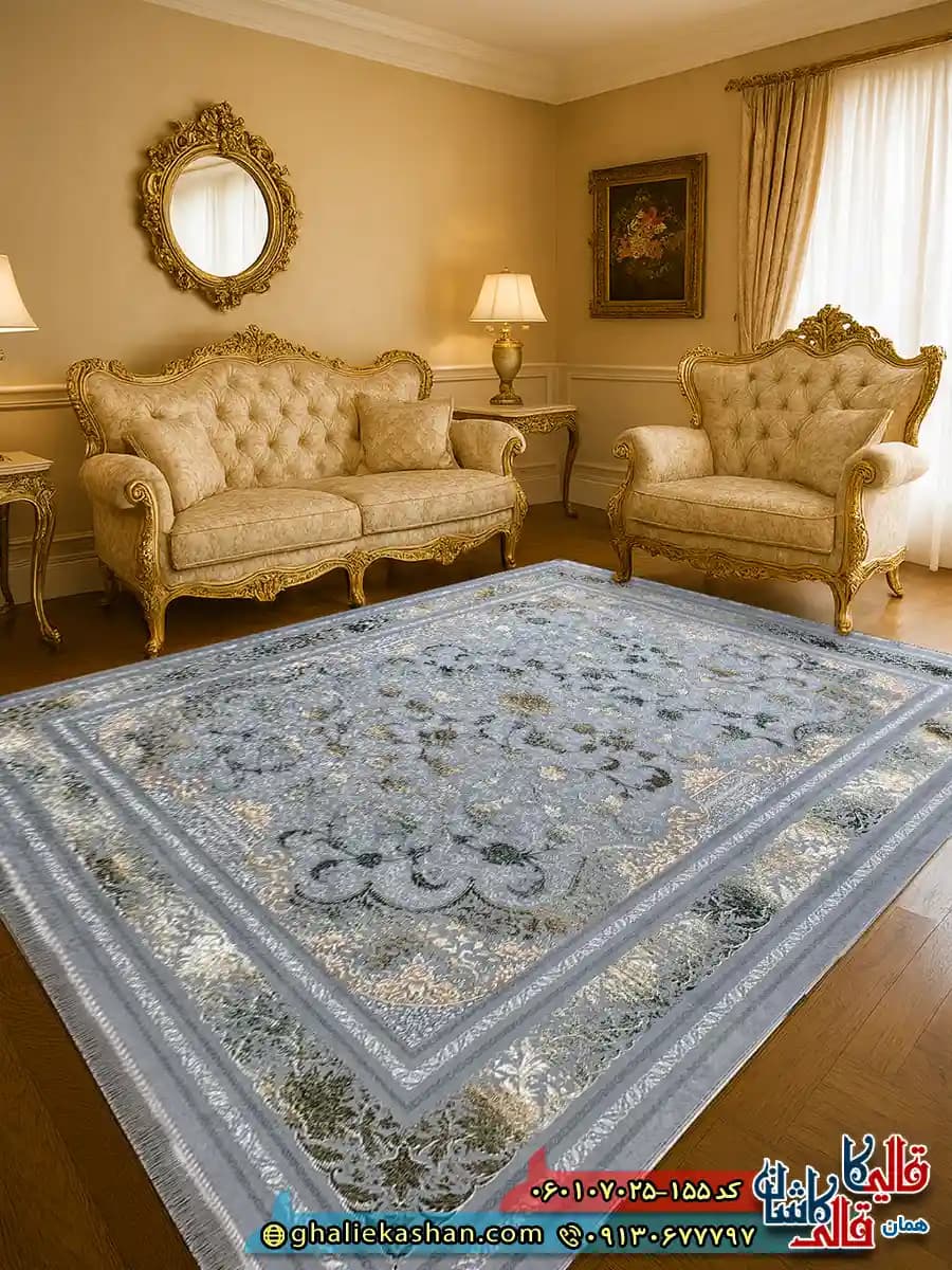 فرش 700 شانه طرح افشان پاناروما رنگ سبز نقره ای کاشان