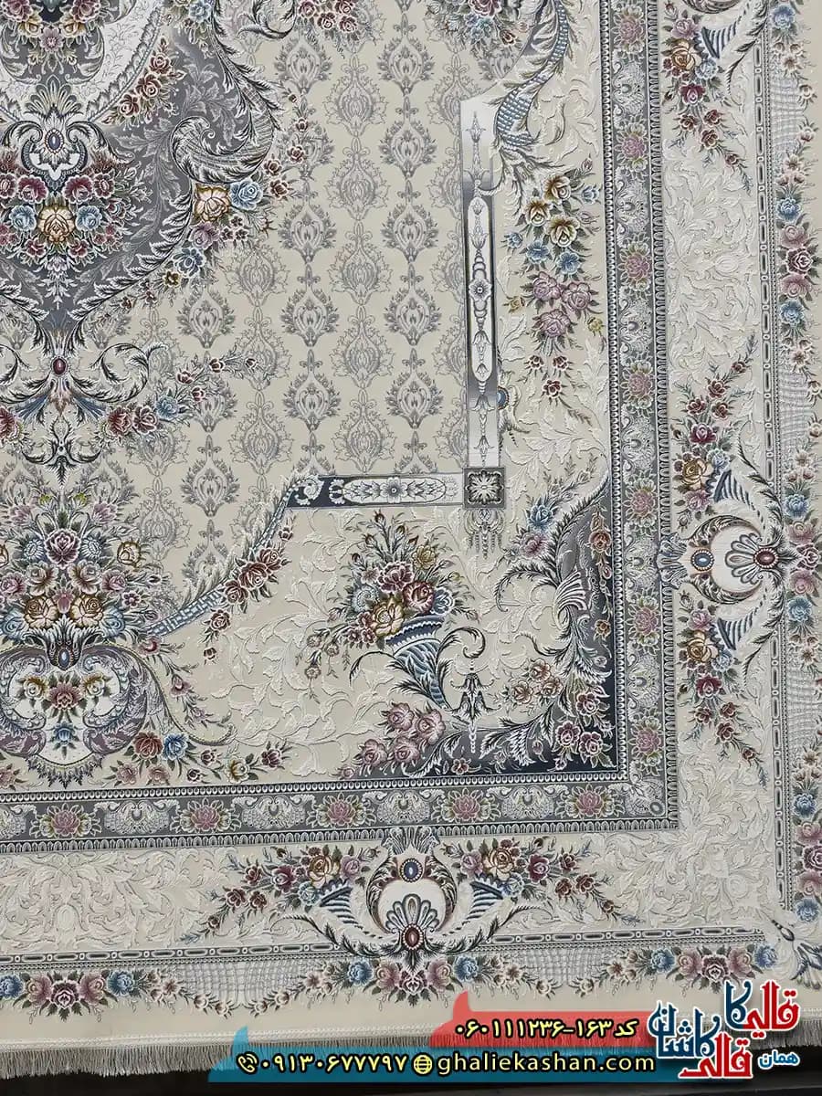 فرش 1200 شانه طرح فرانک رنگ کرم گل برجسته کاشان — تصویر ۳