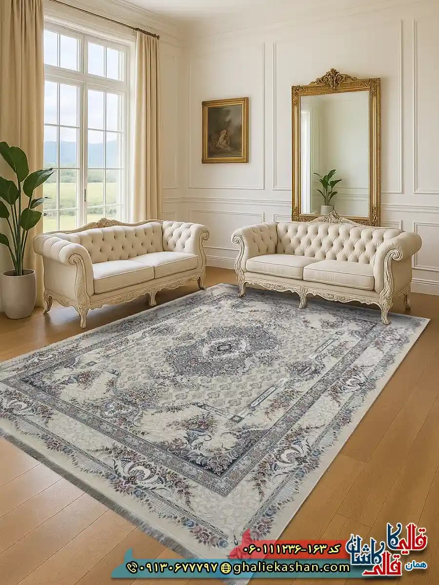 فرش 1200 شانه طرح فرانک رنگ کرم گل برجسته کاشان