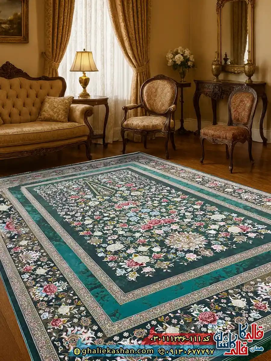 فرش 1200 شانه طرح افشان باغ گل رنگ سبز گل برجسته کاشان