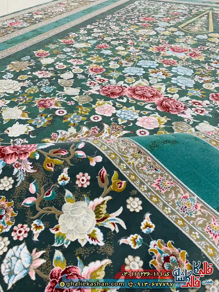 فرش 1200 شانه طرح افشان باغ گل رنگ سبز گل برجسته کاشان — تصویر ۴