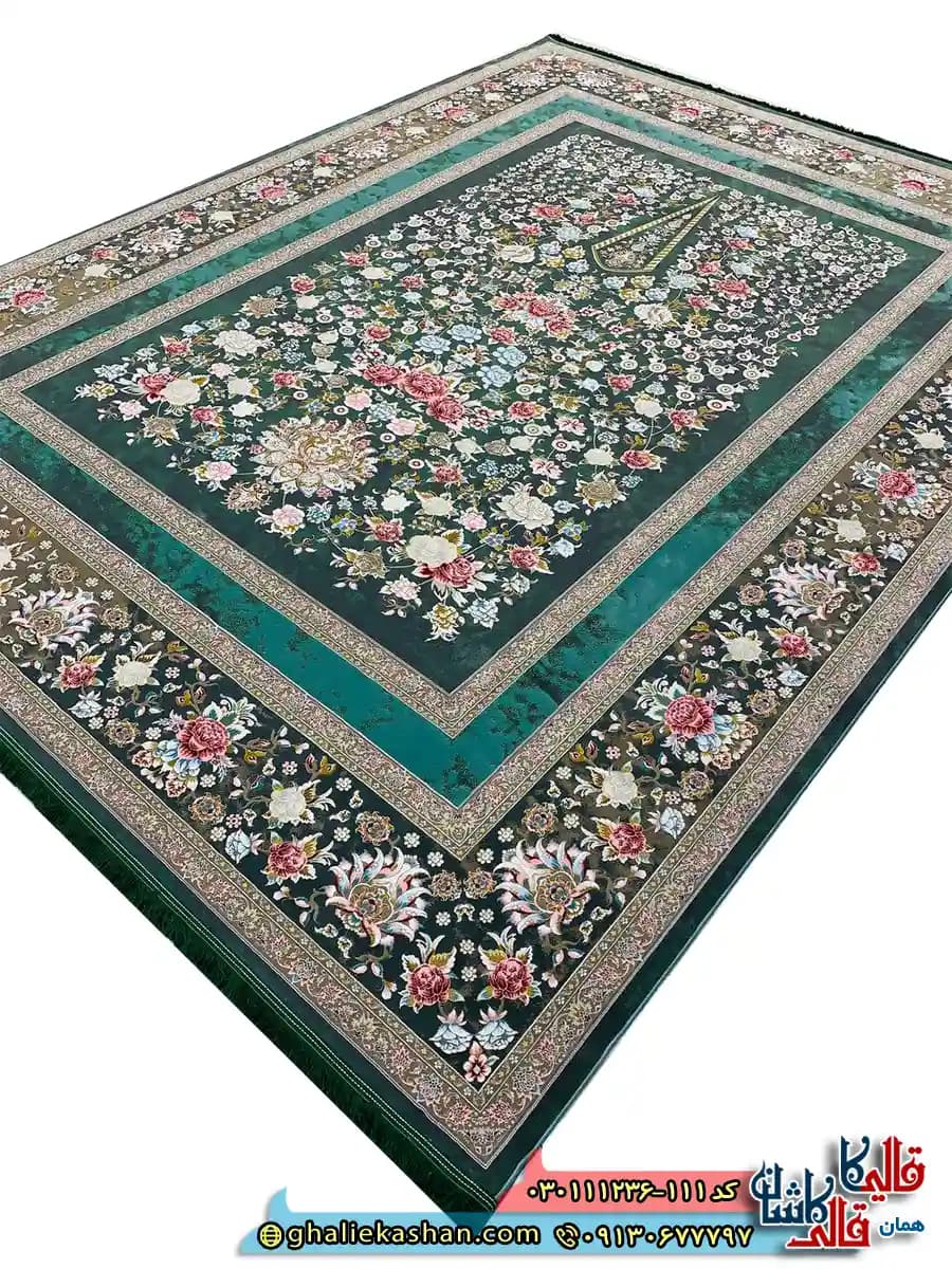 فرش 1200 شانه طرح افشان باغ گل رنگ سبز گل برجسته کاشان — تصویر ۲