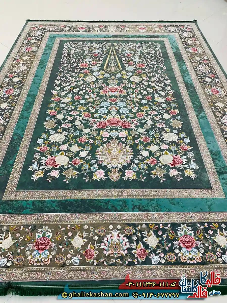 فرش 1200 شانه طرح افشان باغ گل رنگ سبز گل برجسته کاشان — تصویر ۳