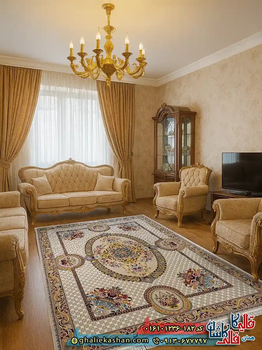 فرش 1200 شانه طرح گلایول رنگ بژ کاشان