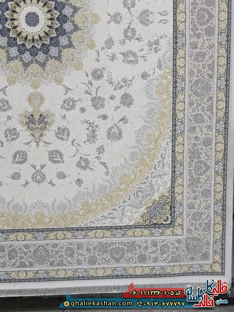 فرش 1200 شانه طرح رویان رنگ کرم گل برجسته کاشان — تصویر ۳