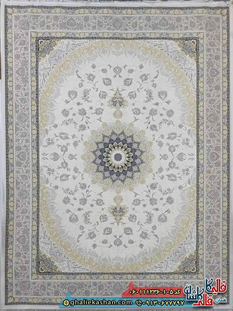 فرش 1200 شانه طرح رویان رنگ کرم گل برجسته کاشان — تصویر ۲