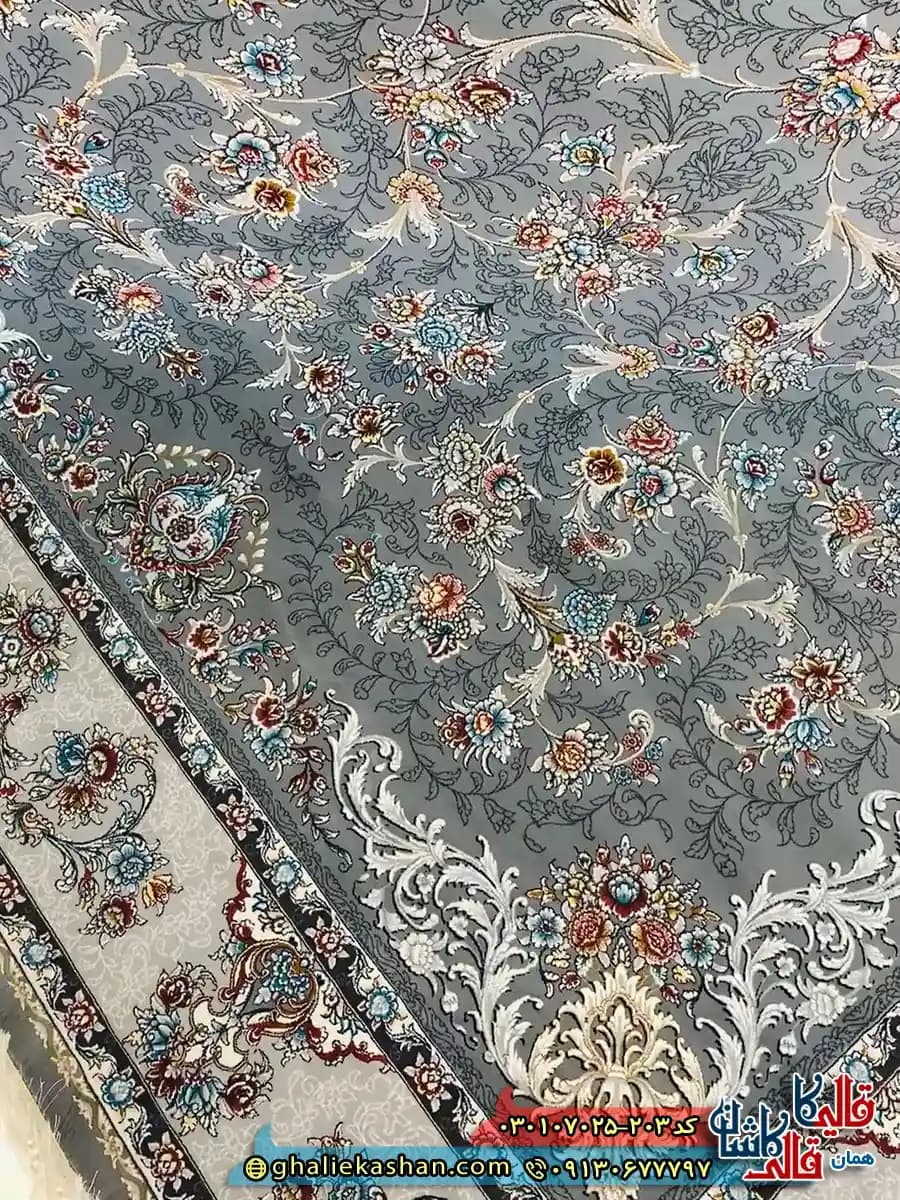 فرش 700 شانه طرح افشان حریر رنگ طوسی نقره ای کاشان — تصویر ۳