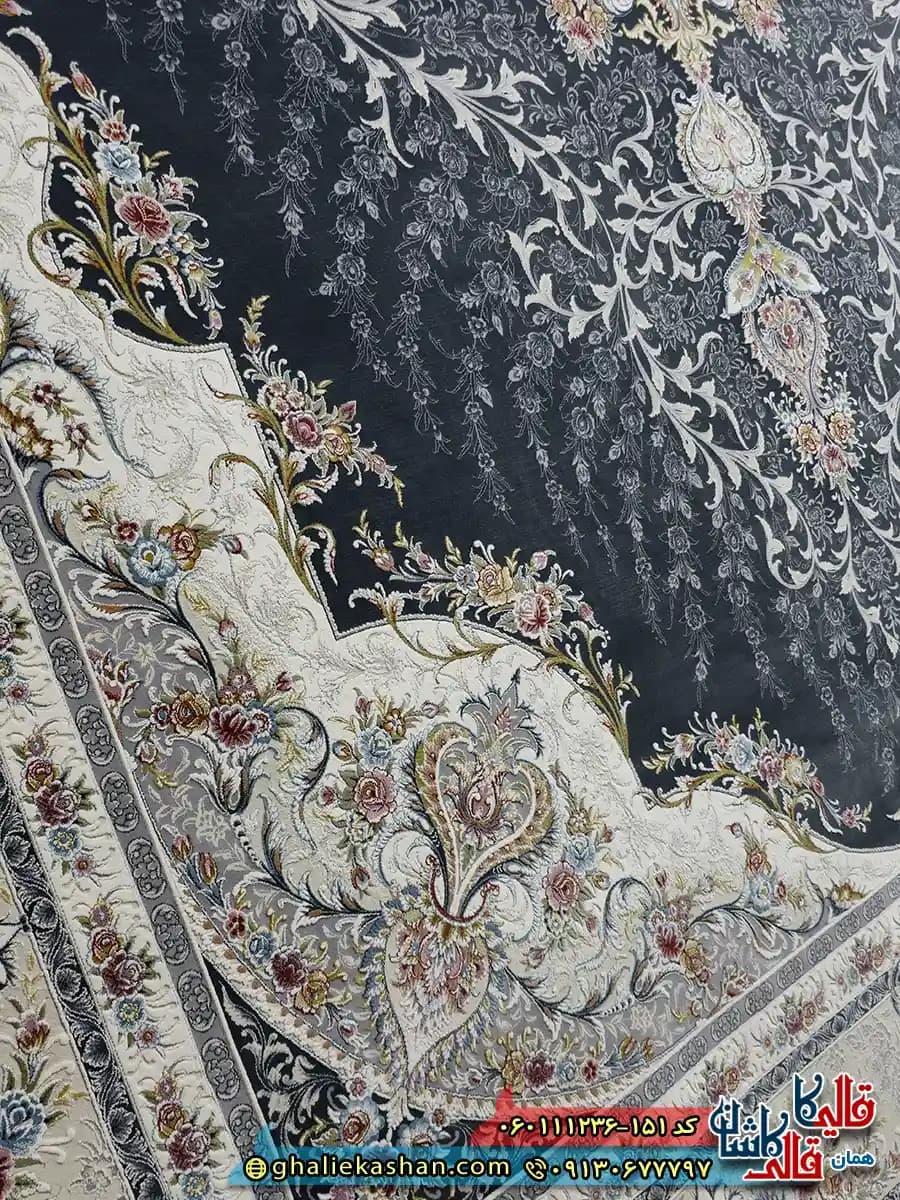 فرش 1200 شانه طرح حدیث رنگ طوسی دودی گل برجسته کاشان — تصویر ۶