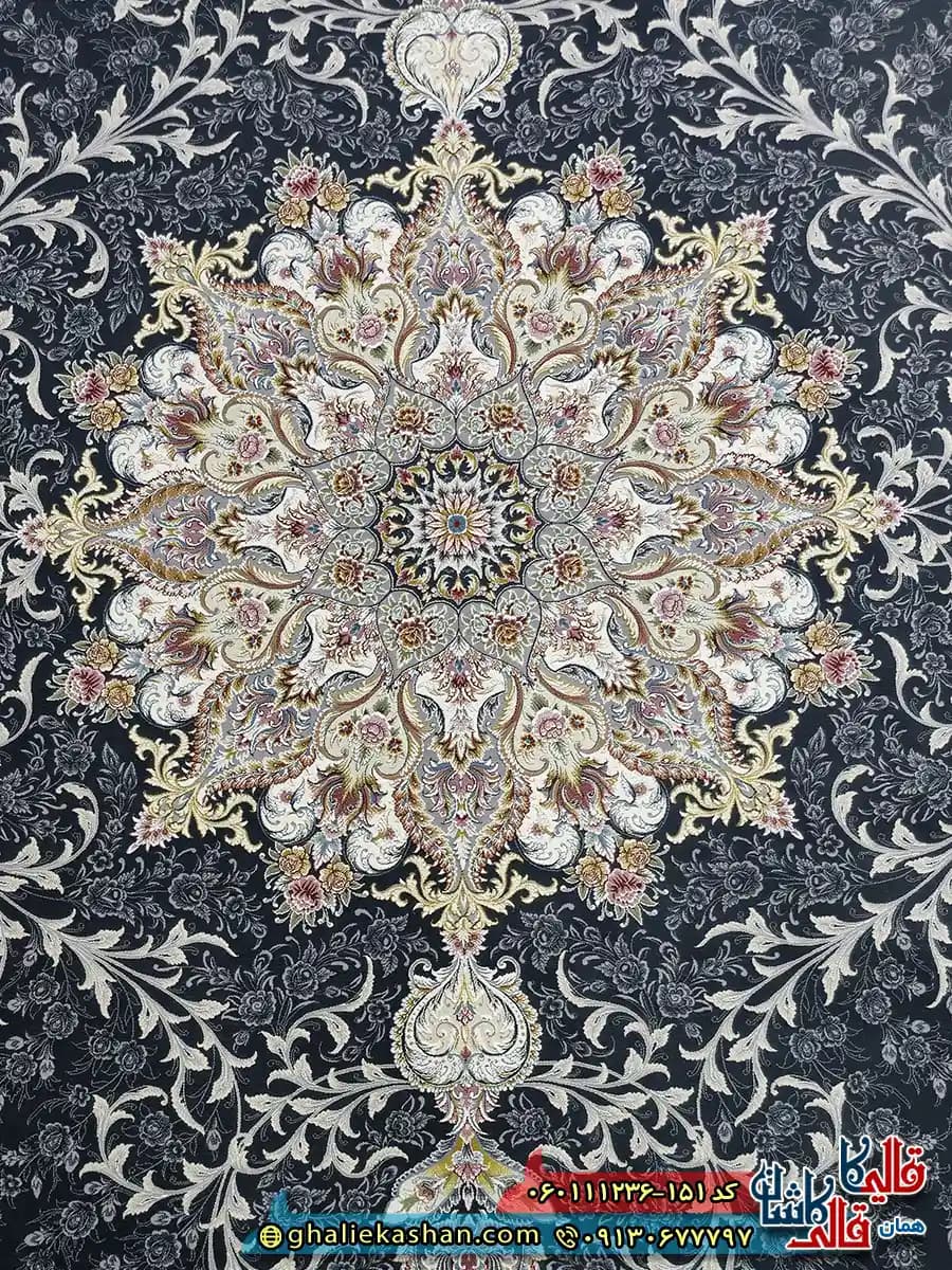فرش 1200 شانه طرح حدیث رنگ طوسی دودی گل برجسته کاشان — تصویر ۴
