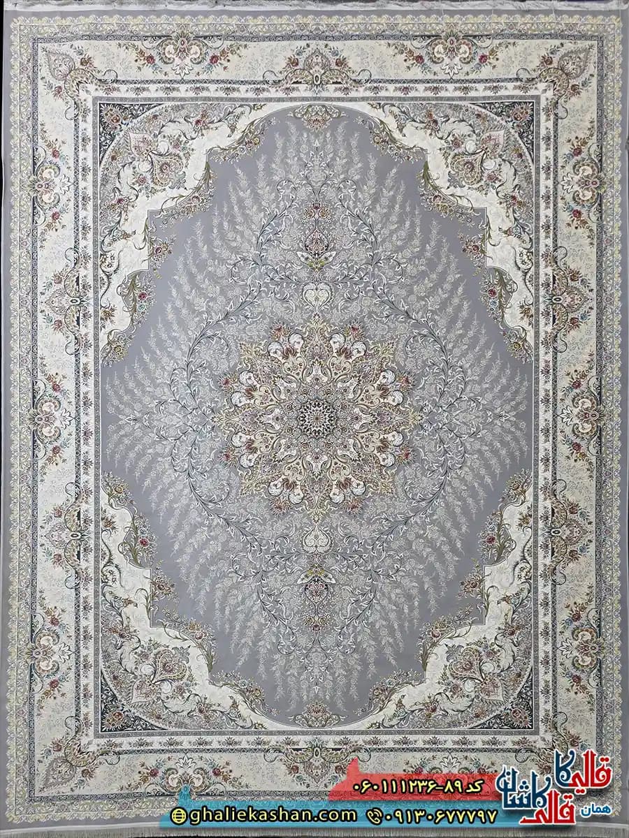فرش 1200 شانه طرح حدیث رنگ طوسی نقره ای گل برجسته کاشان — تصویر ۲