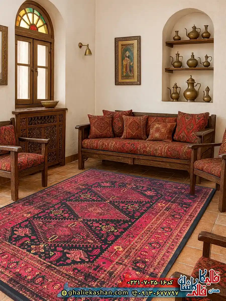 فرش سنتی 700 شانه طرح نیکی رنگ سرمه ای کاشان