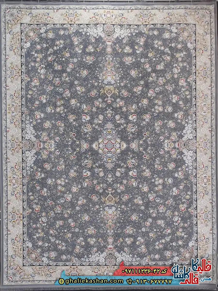 فرش 1200 شانه طرح افشان سیمین رنگ طوسی نقره ای گل برجسته کاشان — تصویر ۲