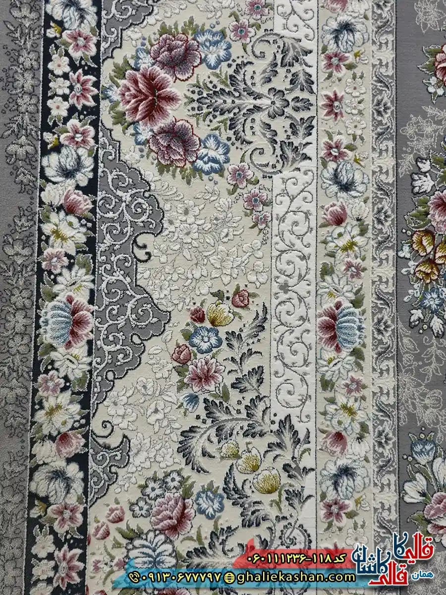 فرش 1200 شانه طرح افشان سیمین رنگ طوسی نقره ای گل برجسته کاشان — تصویر ۱۰