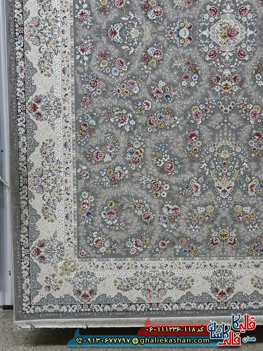 فرش 1200 شانه طرح افشان سیمین رنگ طوسی نقره ای گل برجسته کاشان — تصویر ۸