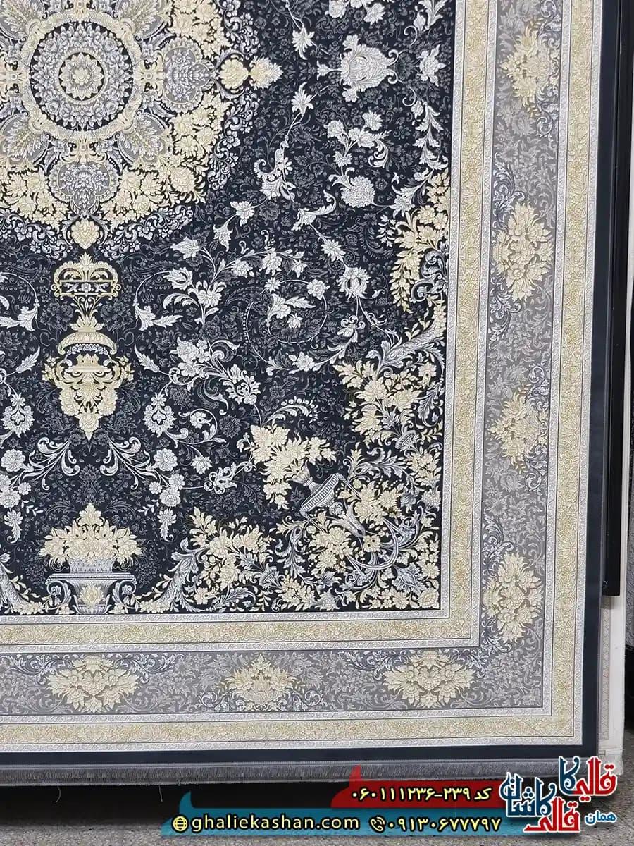 فرش طلاکوب 1200 شانه طرح ترلان رنگ طوسی دلفینی گل برجسته کاشان — تصویر ۳