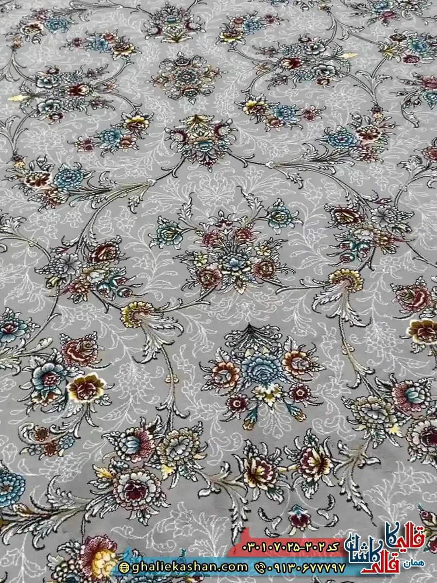 فرش 700 شانه طرح افشان حریر رنگ طوسی سیلور کاشان — تصویر ۳