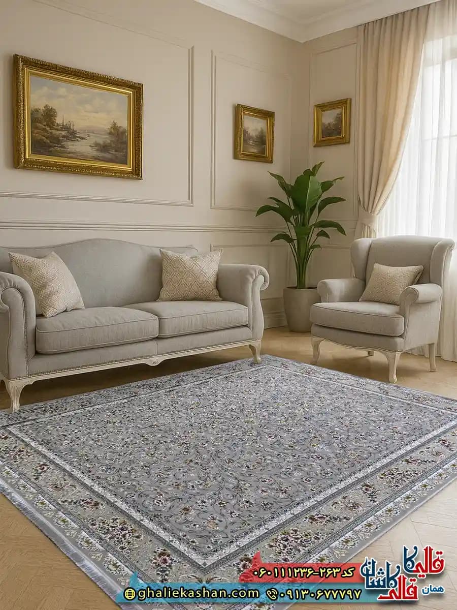 فرش 1200 شانه طرح افشان یونا رنگ طوسی نقره ای گل برجسته کاشان