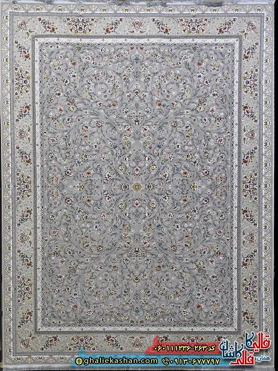 فرش 1200 شانه طرح افشان یونا رنگ طوسی نقره ای گل برجسته کاشان — تصویر ۲