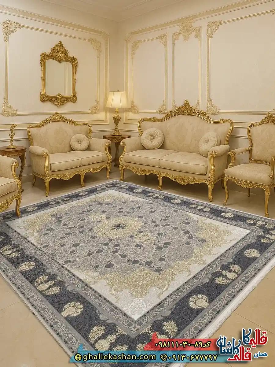 فرش طلاکوب 1000 شانه طرح آبان رنگ بژ گل برجسته کاشان