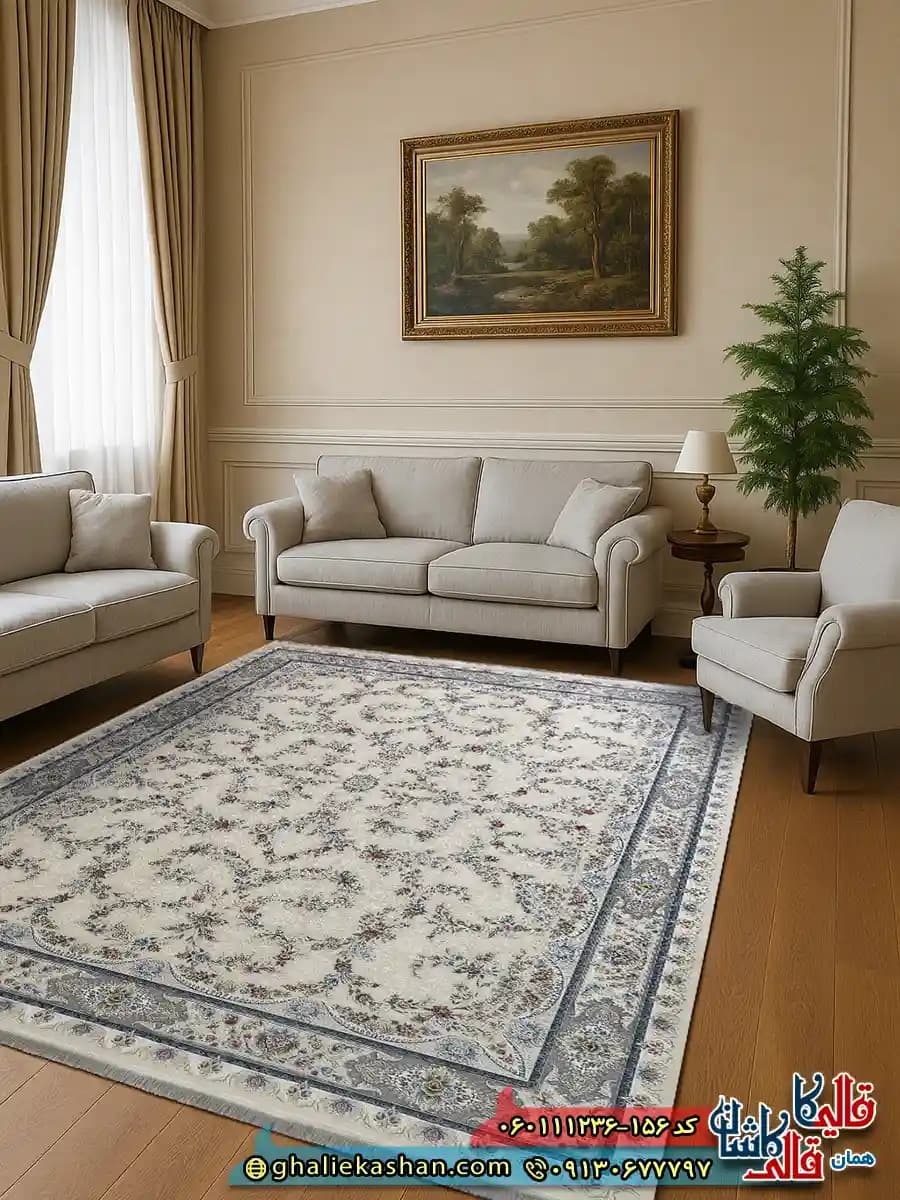فرش 1200 شانه طرح افشان سارگل رنگ کرم گل برجسته کاشان